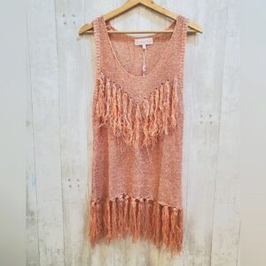 💚5/$25 NWT Pretty Angel Pink Crochet Knit Linen Blend Fringe Sequin Tank Small